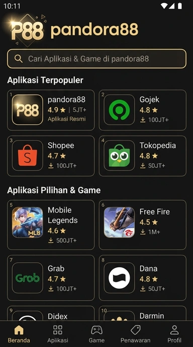 Tampilan katalog aplikasi pandora88